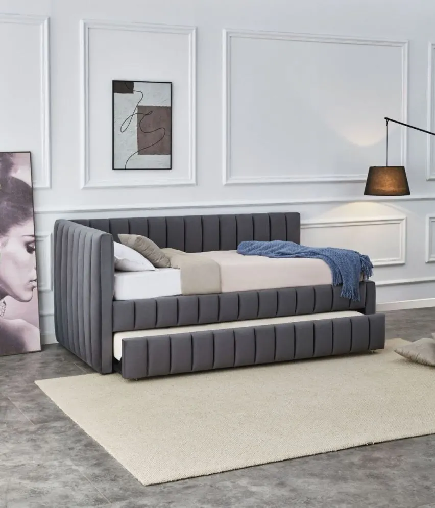 Łóżko młodzieżowe DERBY 90x200 grafitowe wysuwane z tapicerowanym panelem L I sklep meblowy MIRAT.