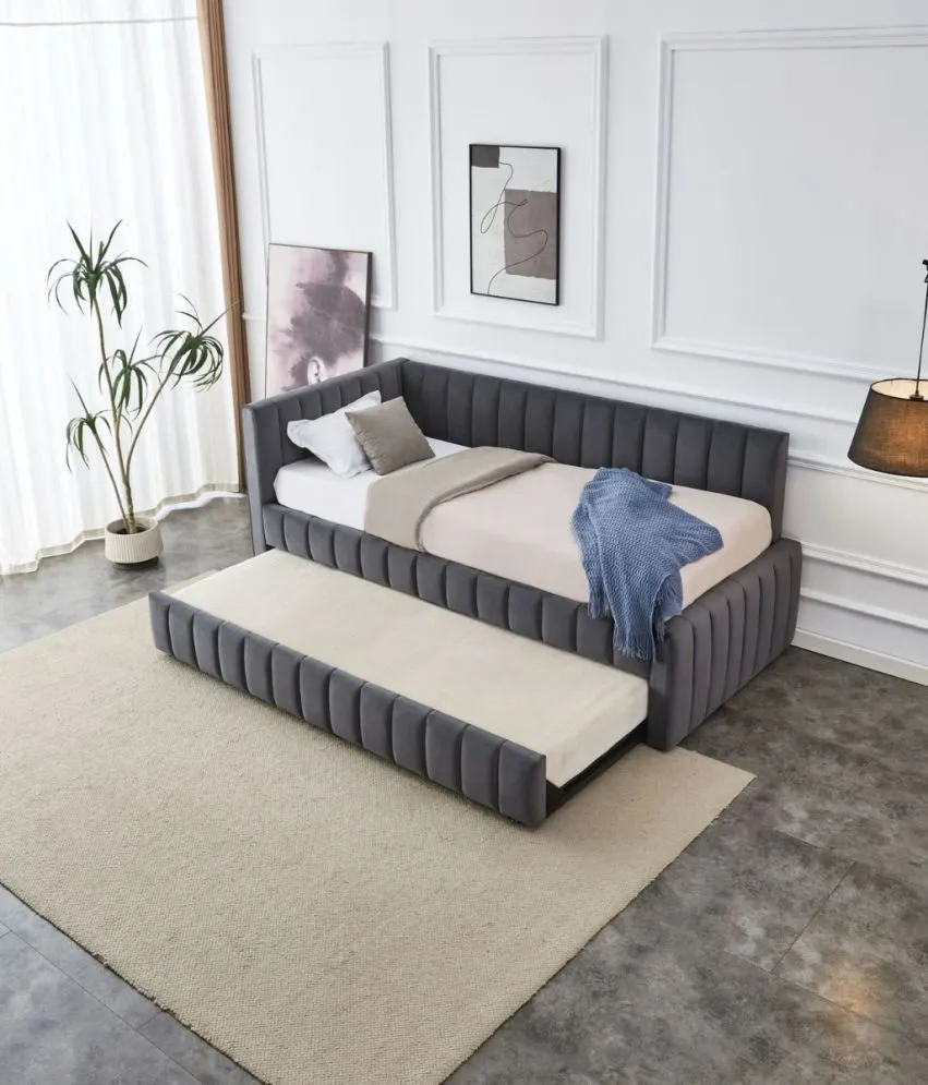 Łóżko młodzieżowe DERBY 90x200 grafitowe wysuwane z tapicerowanym panelem L I sklep meblowy MIRAT.