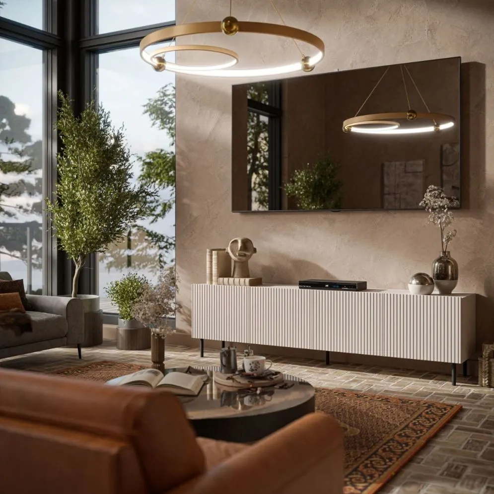 Szafka RTV PAXOS 2 200cm kaszmirowa szeroka I sklep meblowy MIRAT. styl RYFLOWANY