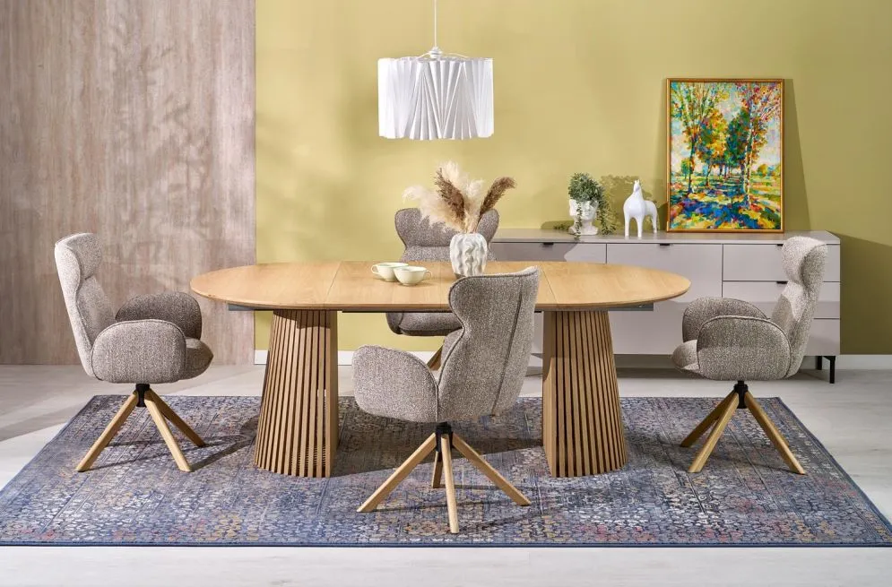 Krzesło tapicerowane K585 beżowe/dębowe obracane do jadalni I sklep meblowy MIRAT.