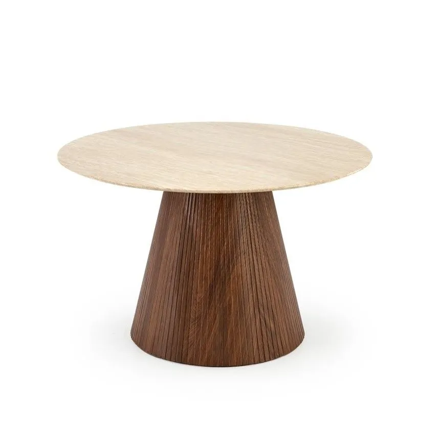 Stół okrągły PIREUS 120x120 trawertyn/orzech designerski I sklep meblowy MIRAT.