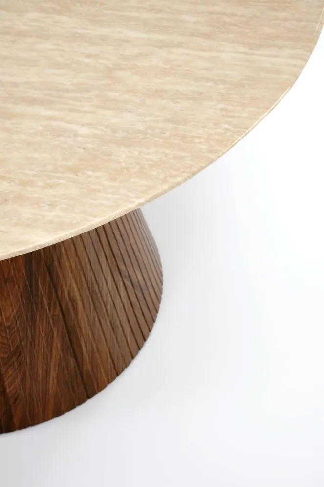 Stół okrągły PIREUS 120x120 trawertyn/orzech designerski I sklep meblowy MIRAT.