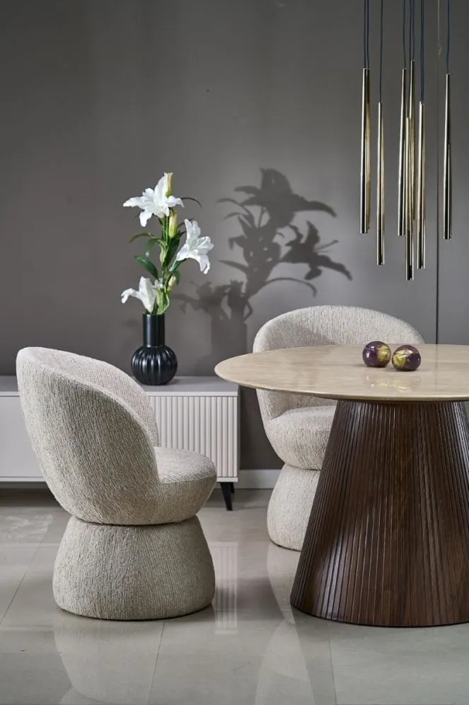 Stół okrągły PIREUS 120x120 trawertyn/orzech designerski I sklep meblowy MIRAT.