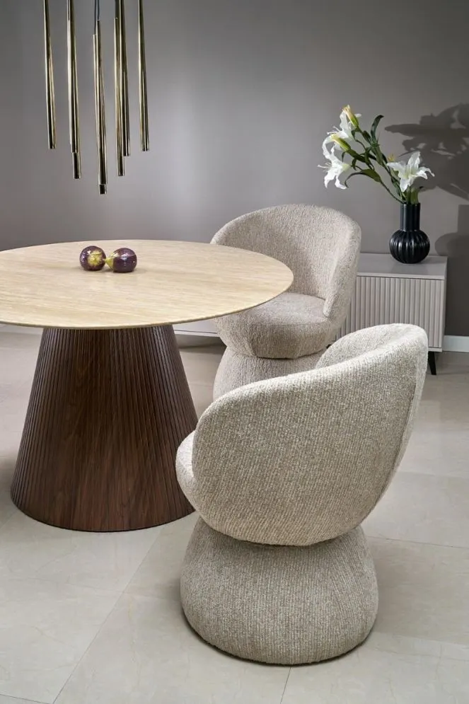 Stół okrągły PIREUS 120x120 trawertyn/orzech designerski I sklep meblowy MIRAT.