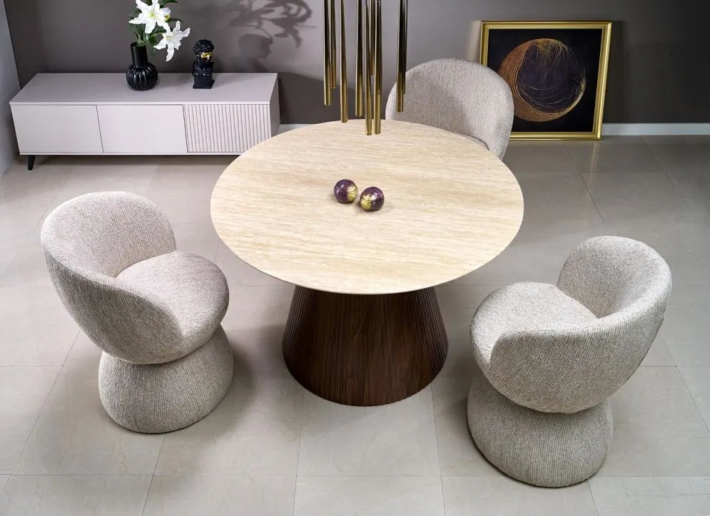 Stół okrągły PIREUS 120x120 trawertyn/orzech designerski I sklep meblowy MIRAT.