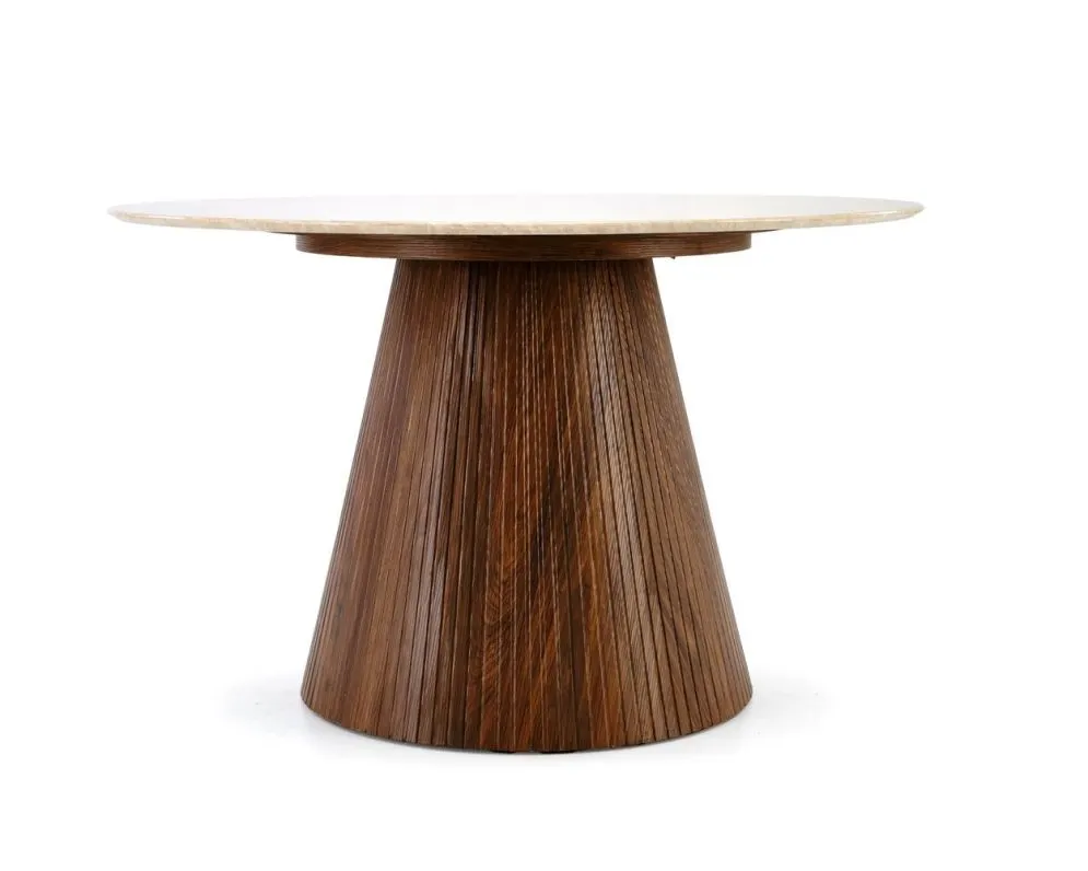 Stół okrągły PIREUS 120x120 trawertyn/orzech designerski I sklep meblowy MIRAT.