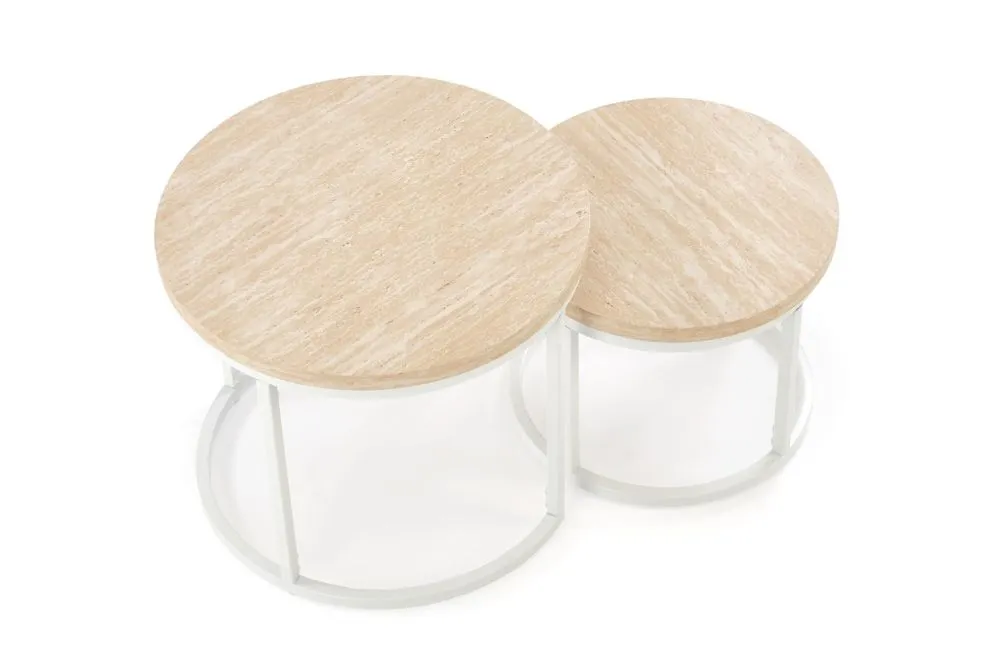 Zestaw 2 stolików kawowych OREO trawertyn/biały okrągłych I sklep meblowy MIRAT.