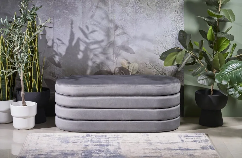 Ławka tapicerowana CALPI szara z pojemnikiem welurowa I sklep meblowy MIRAT.