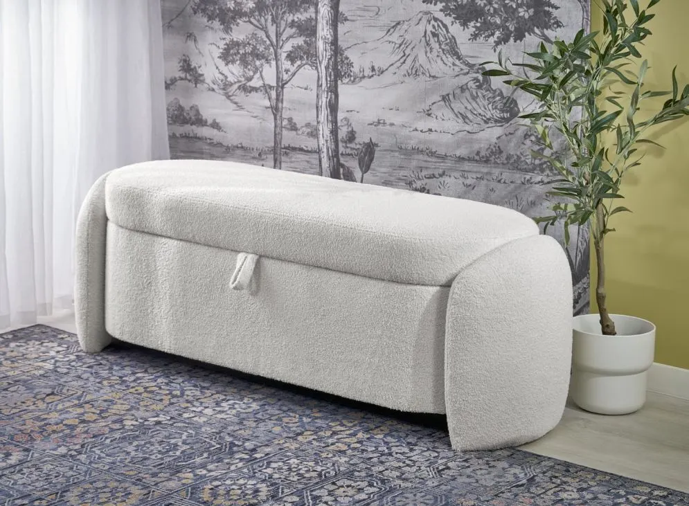 Ławka FICARIA kremowa z pojemnikiem boucle I sklep meblowy MIRAT. styl SKANDYNAWSKI
