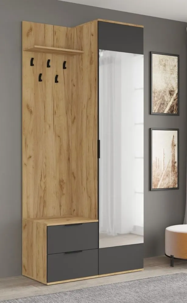 Pojemna garderoba do przedpokoju CORAL dąb złoty/antracyt z lustrem I sklep meblowy MIRAT.