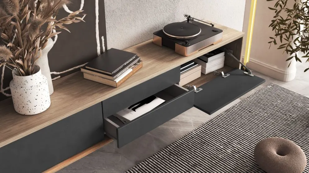 Szafka RTV FRIDA 2K2S 180cm dąb olejowany/antracyt z szufladami I sklep meblowy MIRAT. styl LOFT