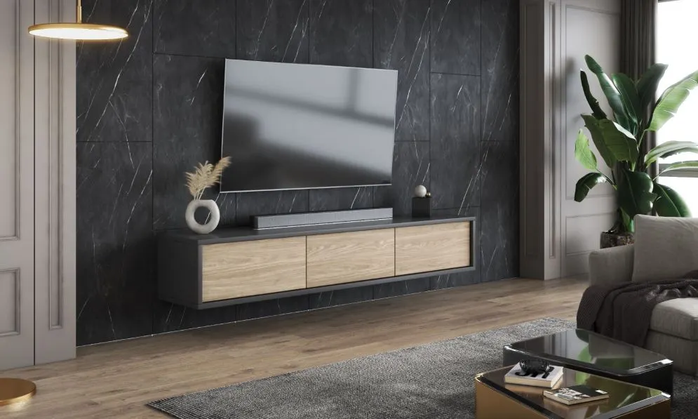 Szafka RTV FRIDA 3K 180cm antracyt/dąb olejowany wisząca I sklep meblowy MIRAT. styl LOFT