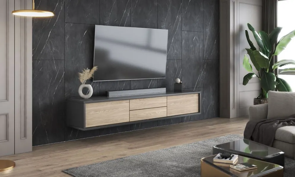 Szafka RTV FRIDA 2K2S 180cm antracyt/dąb olejowany do salonu I sklep meblowy MIRAT. styl LOFT