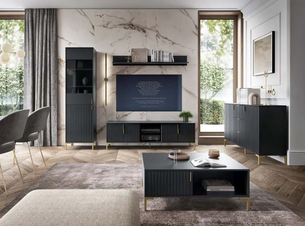 Szafka RTV FLINN 2D 140 czarna mat na złotych nóżkach I sklep meblowy MIRAT. styl GLAMOUR, LOFT