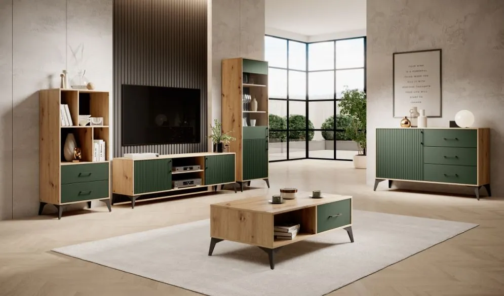 Wysoki regał LUGO 2S 60cm dąb artisan/zielony mat | sklep MIRAT styl RYFLOWANY, SKANDYNAWSKI kolekcja WM-LUGO