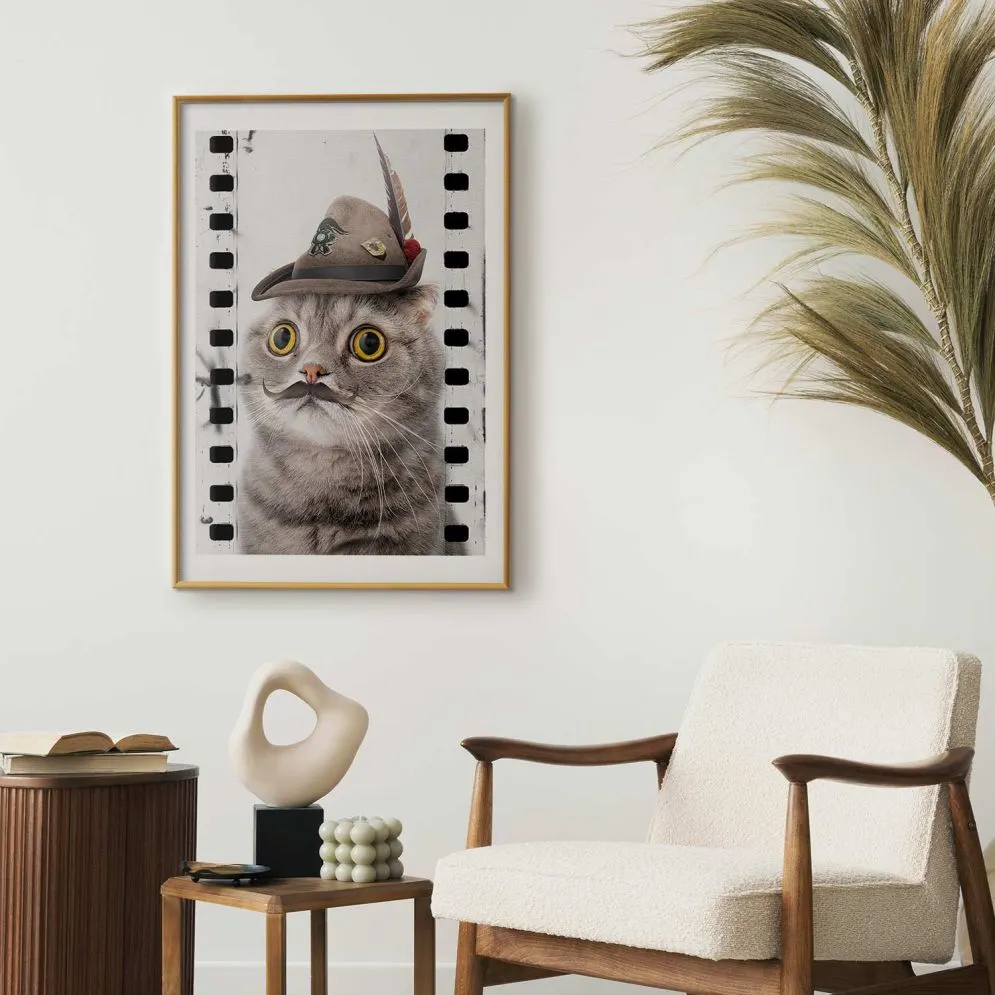 Plakat Kot w kapeluszu 40x60 cm z ramą złotą z marginesem | MIRAT.