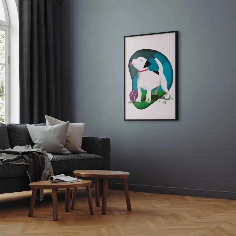 Plakat Pies i piłka 60x90 cm z ramą czarną bez marginesu | MIRAT.