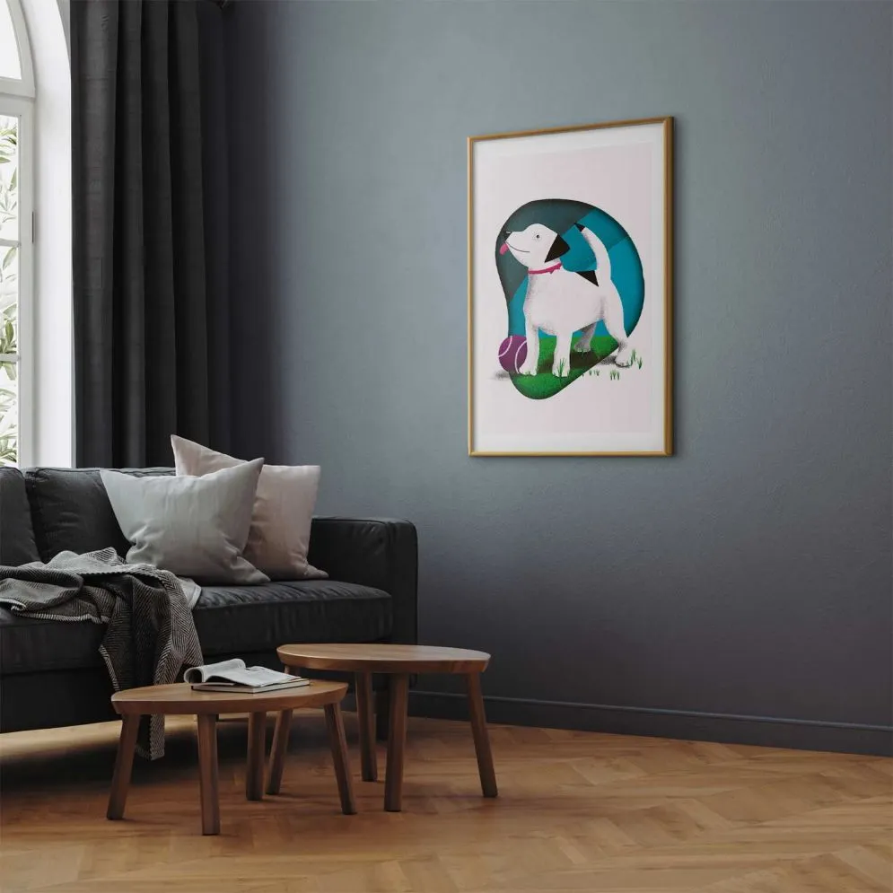Plakat Pies i piłka 60x90 cm z ramą złotą z marginesem | MIRAT.
