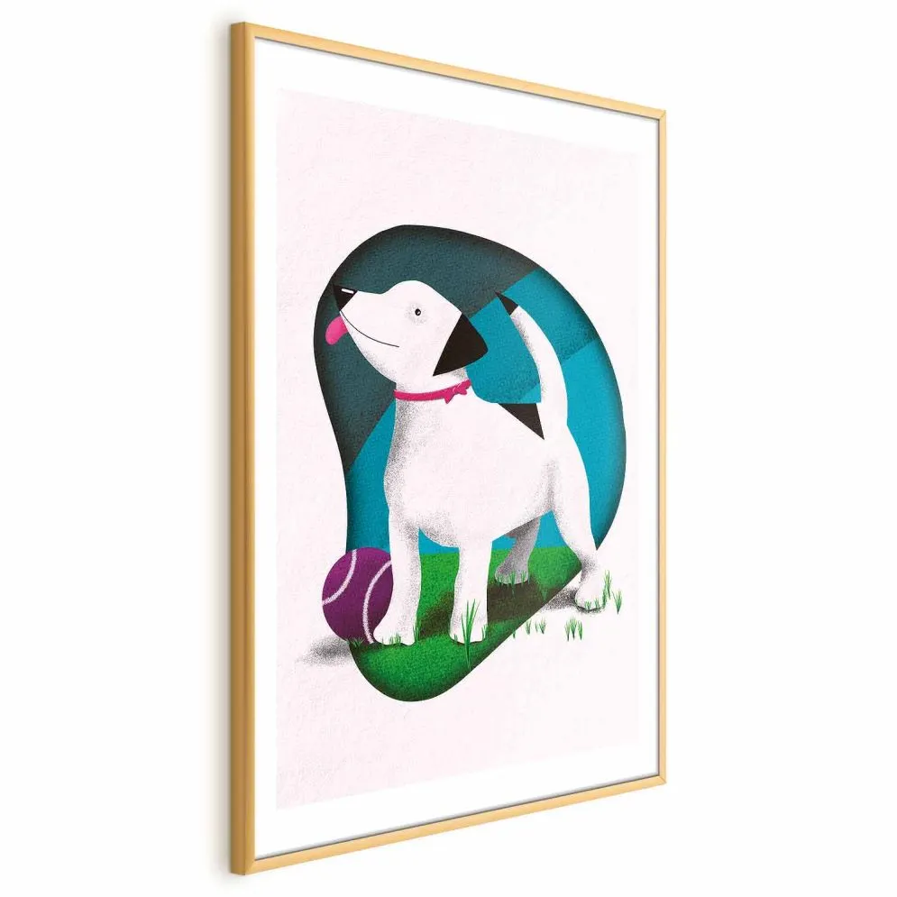 Plakat Pies i piłka 60x90 cm z ramą złotą z marginesem | MIRAT.