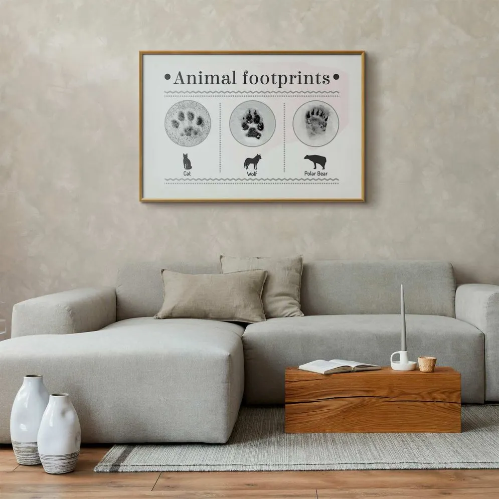 Plakat Ślady łapek 30x21 cm z ramą złotą z marginesem | MIRAT.