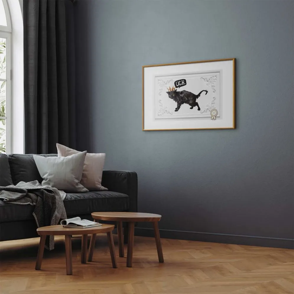 Plakat Kot w koronie 42x29,7 cm z ramą złotą z marginesem | MIRAT.