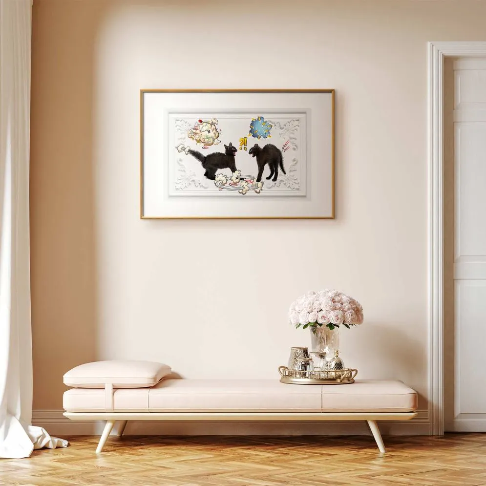 Plakat Kocia kłótnia 90x60 cm z ramą złotą z marginesem | MIRAT.