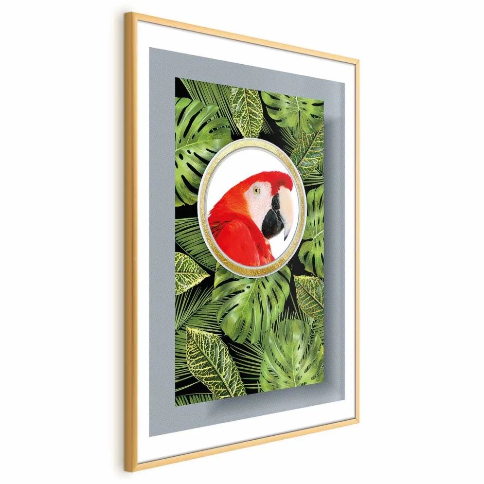Plakat Papuga w dżungli 29,7x42 cm z ramą złotą z marginesem | MIRAT.