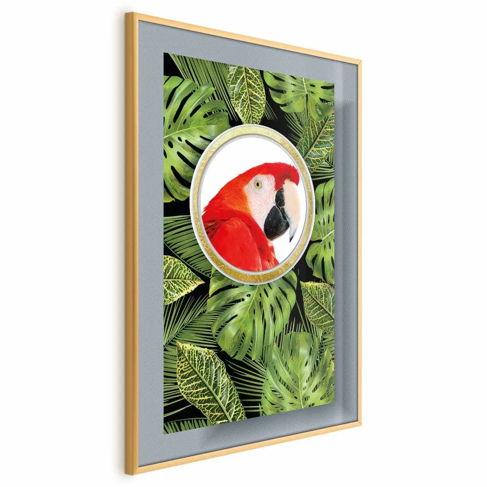 Plakat Papuga w dżungli 40x60 cm z ramą złotą bez marginesu | MIRAT.