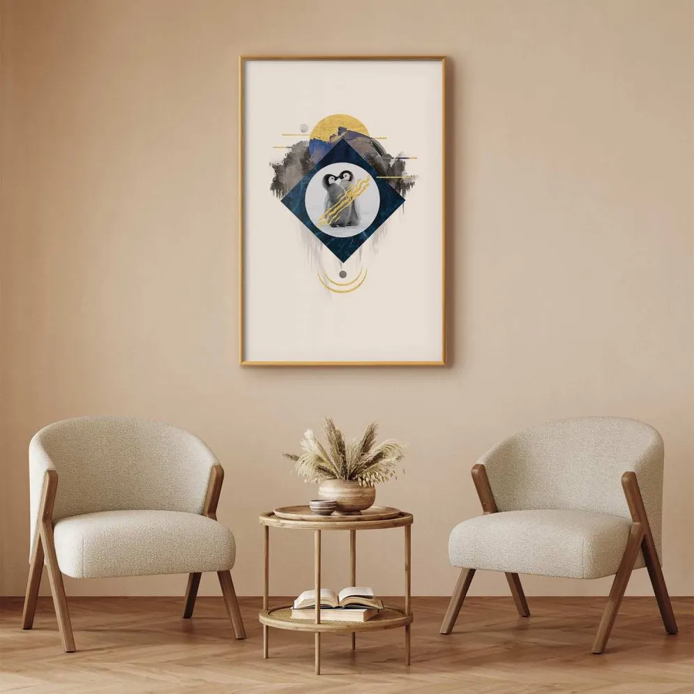 Plakat Para pingwinów 29,7x42 cm z ramą złotą z marginesem | MIRAT.