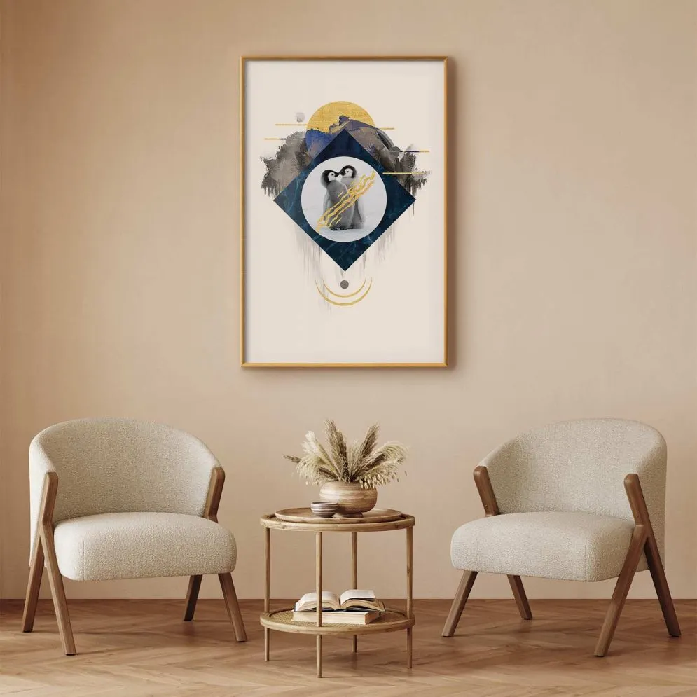 Plakat Para pingwinów 60x90 cm z ramą złotą bez marginesu | MIRAT.