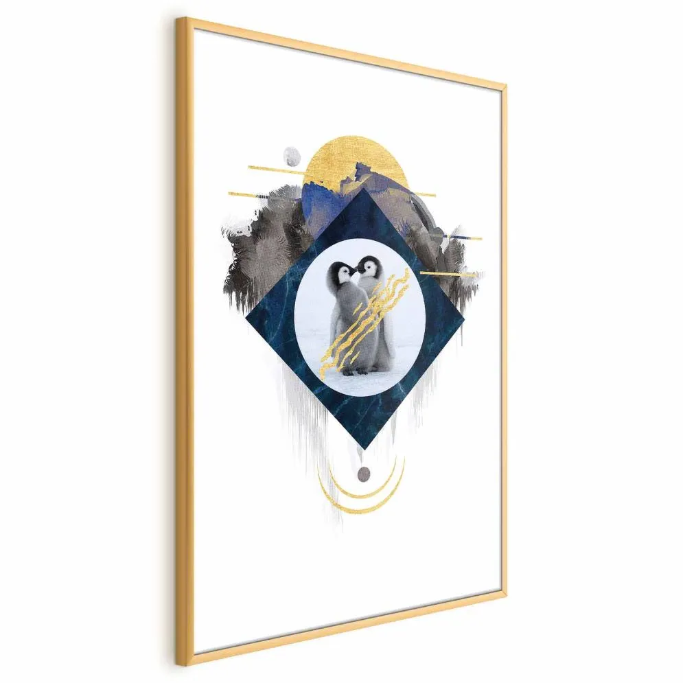 Plakat Para pingwinów 60x90 cm z ramą złotą bez marginesu | MIRAT.