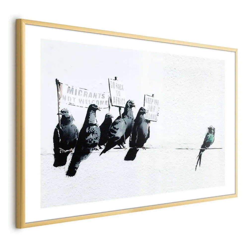 Plakat Ksenofobiczne gołębie 30x21 cm z ramą złotą z marginesem | MIRAT.