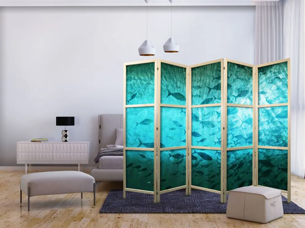 Parawan japoński Zwierzęta 225x172 cm 5-częściowy turkusowy | MIRAT.