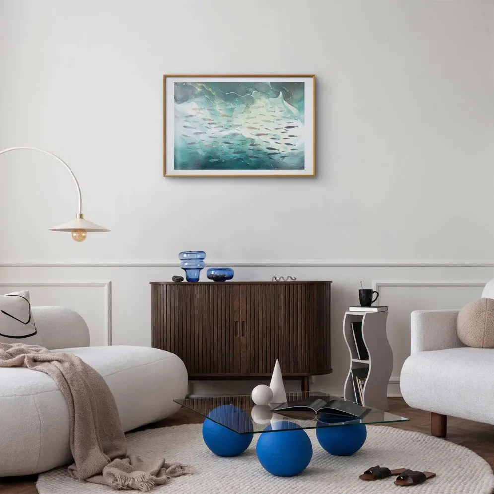 Plakat Ławica ryb 30x21 cm z ramą złotą z marginesem | MIRAT.