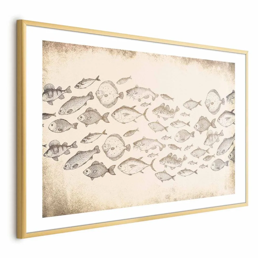 Plakat Subtelne rybki 90x60 cm z ramą złotą z marginesem | MIRAT.