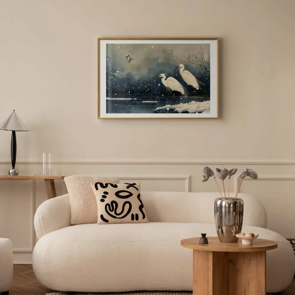 Plakat Czaple nad stawem 30x21 cm z ramą złotą z marginesem | MIRAT.