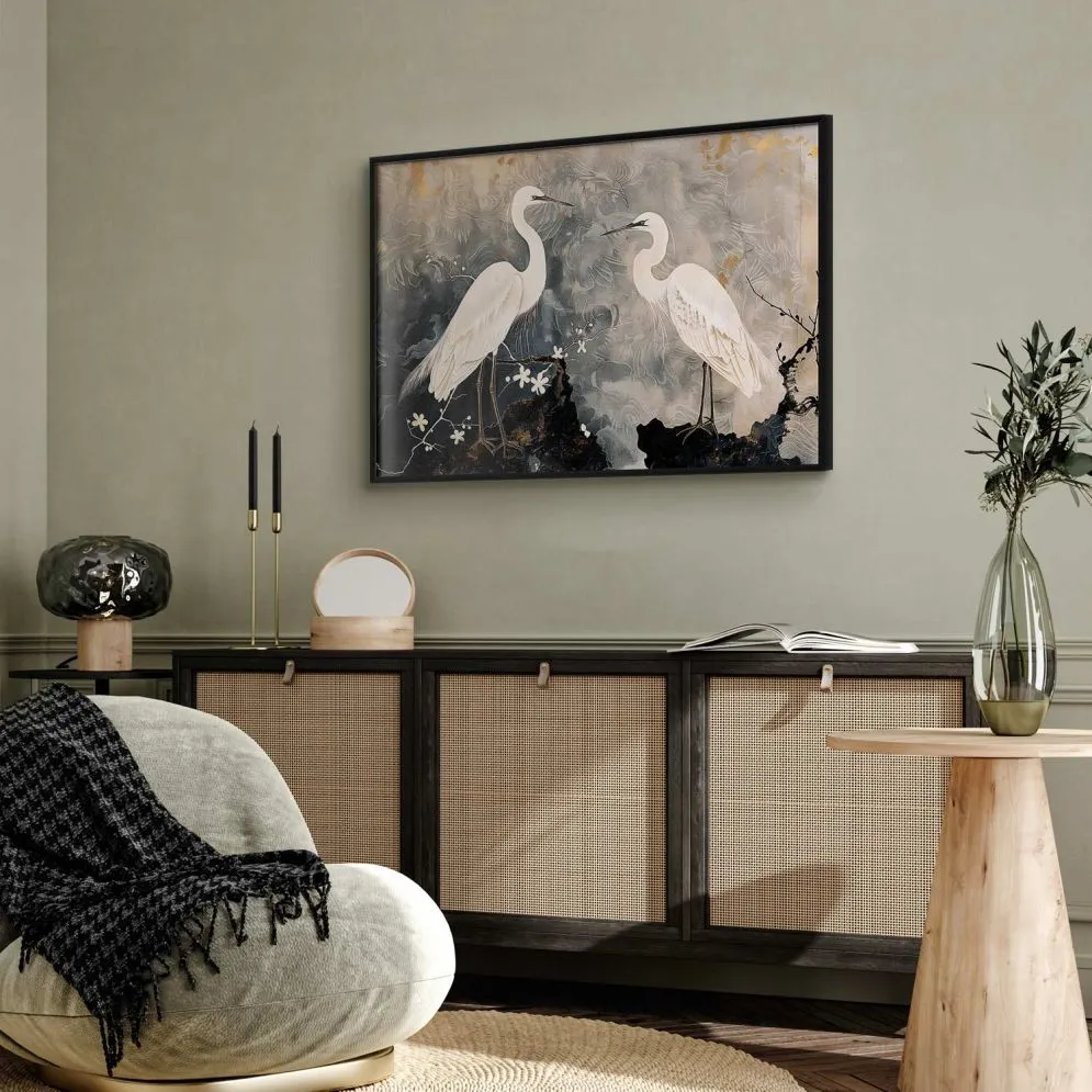 Plakat Czaple i kwiat wiśni 90x60 cm z ramą czarną bez marginesu | MIRAT.