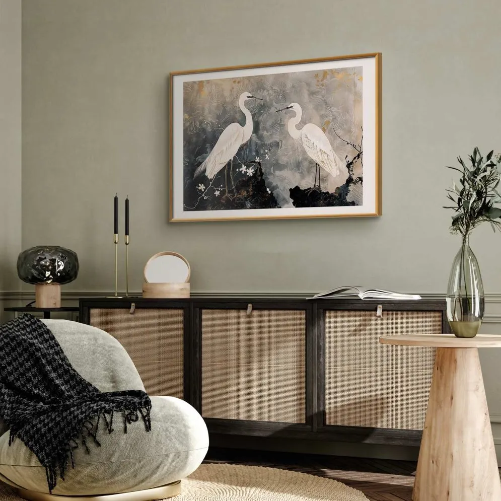 Plakat Czaple i kwiat wiśni 30x21 cm z ramą złotą z marginesem | MIRAT.