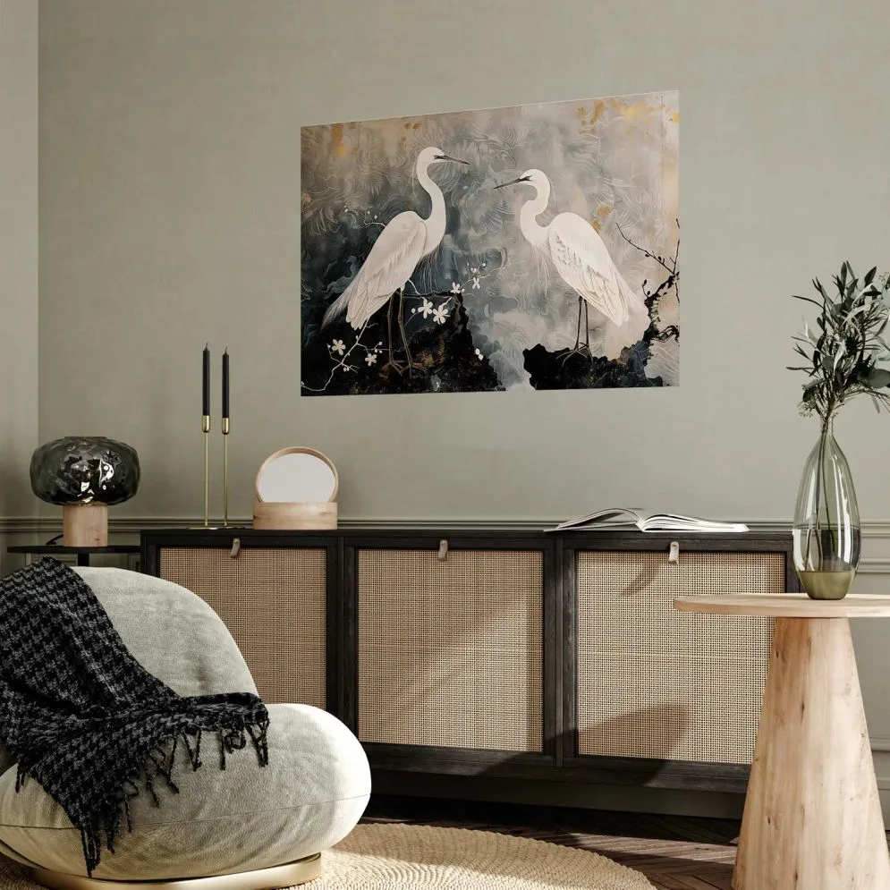 Plakat Czaple i kwiat wiśni 90x60 cm bez ramy bez marginesu | MIRAT.