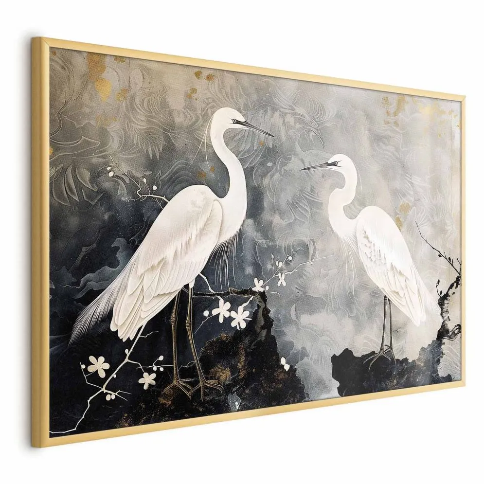 Plakat Czaple i kwiat wiśni 30x21 cm z ramą złotą bez marginesu | MIRAT.