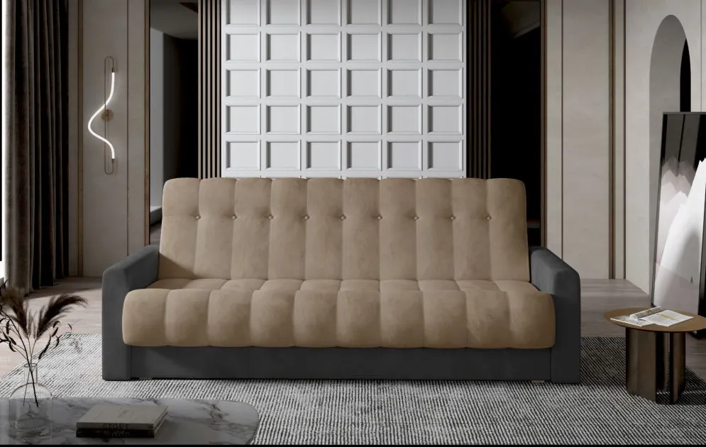 Sofa rozkładana z funkcją spania GARETT VELVET beżowa/szara pikowana | MIRAT.