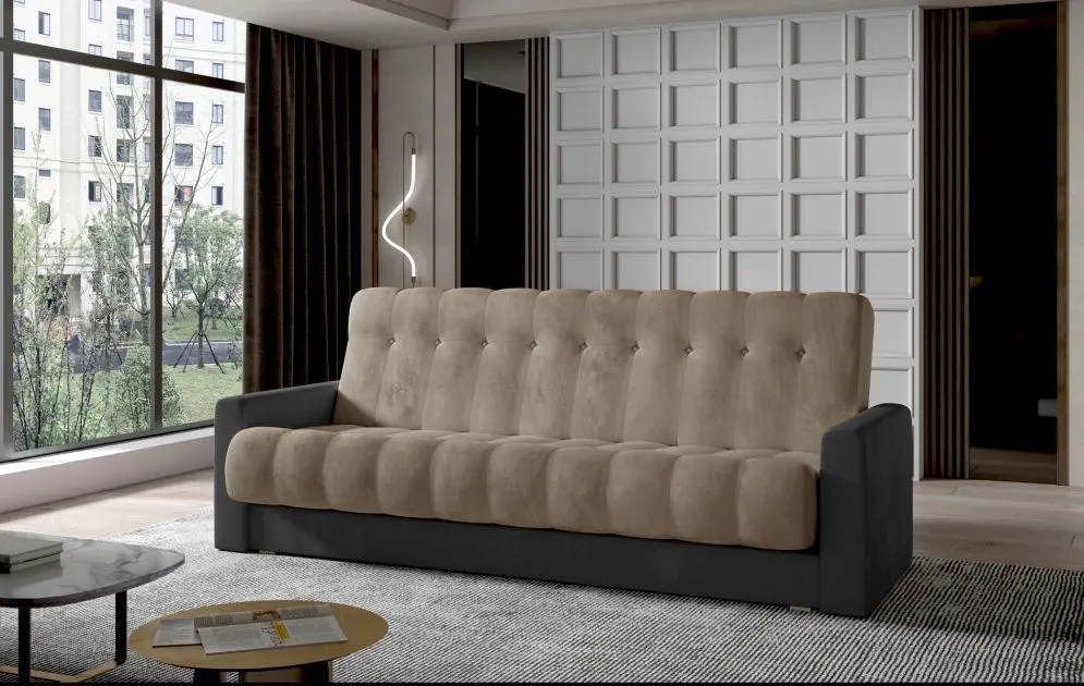 Sofa rozkładana z funkcją spania GARETT VELVET beżowa/szara pikowana | MIRAT.