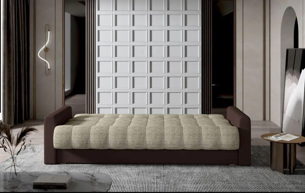 Sofa rozkładana z funkcją spania GARETT VELVET beżowa/szara pikowana | MIRAT.