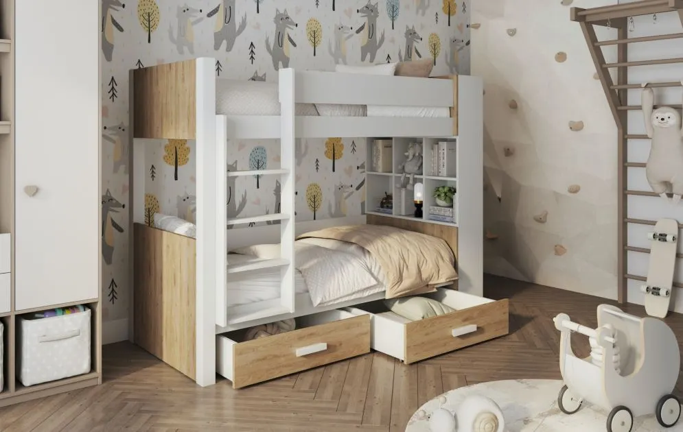 Łóżko piętrowe SANICA 180x80 białe/dąb shetland dla dzieci I sklep meblowy MIRAT.