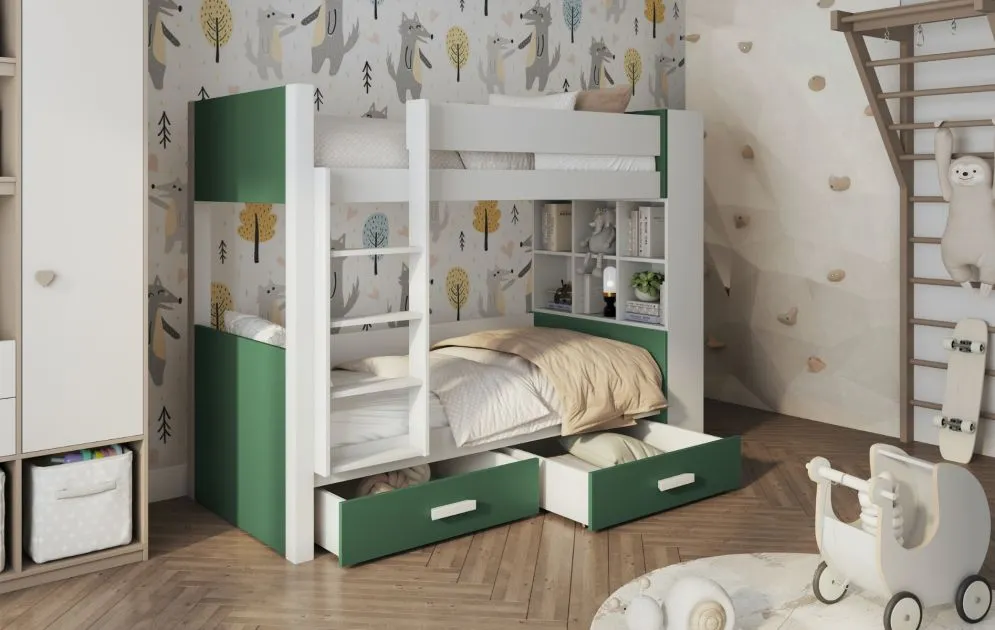 Łóżko piętrowe SANICA 180x80 białe/zielone sosnowe I sklep meblowy MIRAT.
