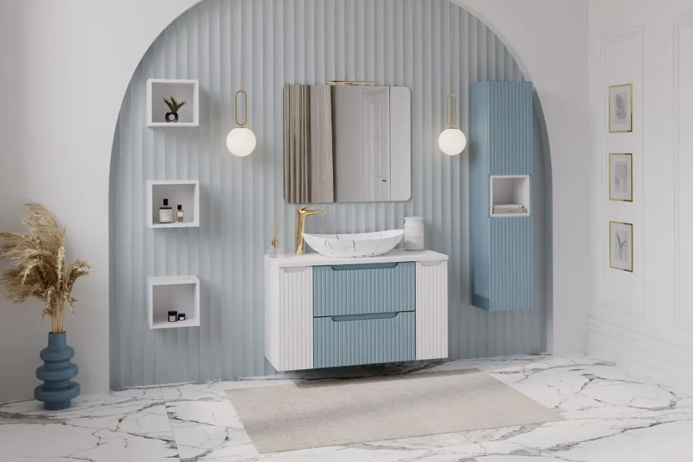 Szafka pod umywalkę NOVA DENIM 2S 60cm niebieska z szufladami ryflowanymi I sklep meblowy MIRAT. styl RYFLOWANY kolekcja NOVA