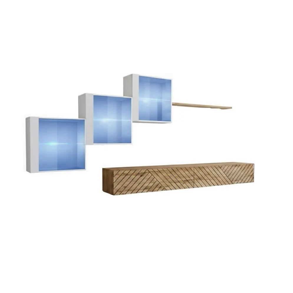 Meblościanka SWITCH LAMEL XX biała/dąb wotan LED I sklep meblowy MIRAT. styl RYFLOWANY kolekcja SWITCH LAMEL