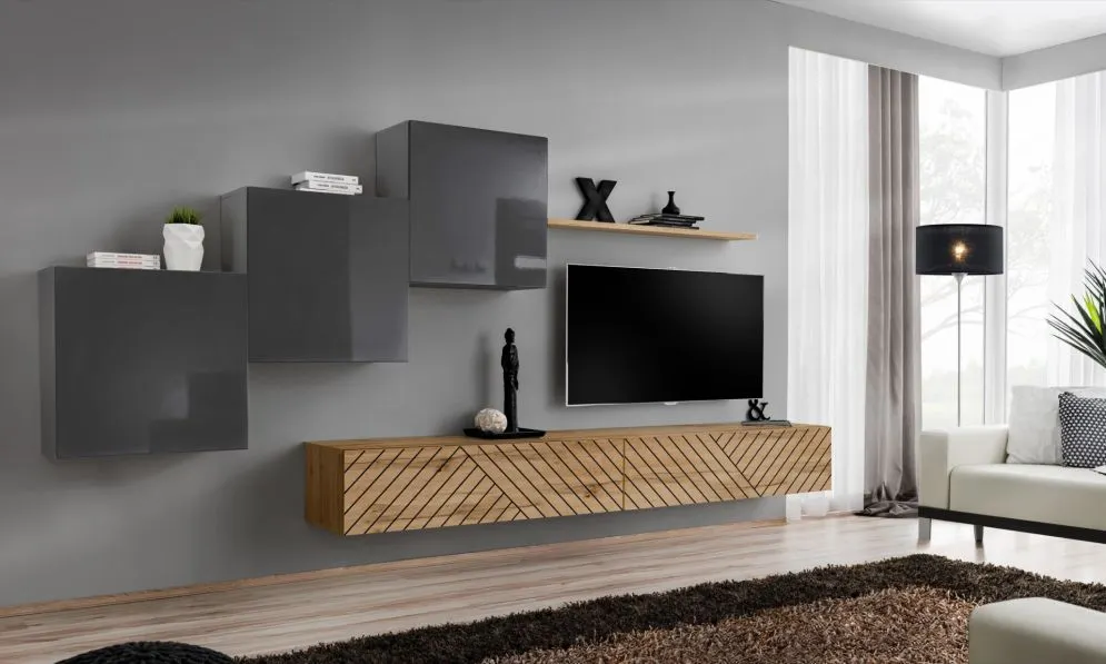 Meblościanka SWITCH LAMEL X szara/dąb wotan wisząca I sklep meblowy MIRAT. styl RYFLOWANY