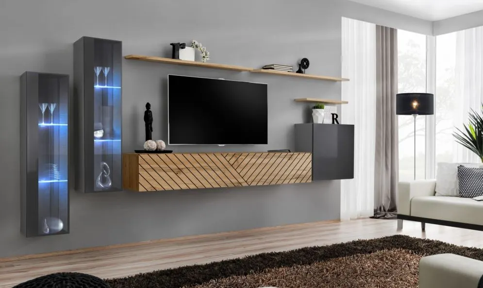 Meblościanka SWITCH LAMEL XI szara/dąb wotan z podświetleniem LED I sklep meblowy MIRAT. styl LOFT, RYFLOWANY