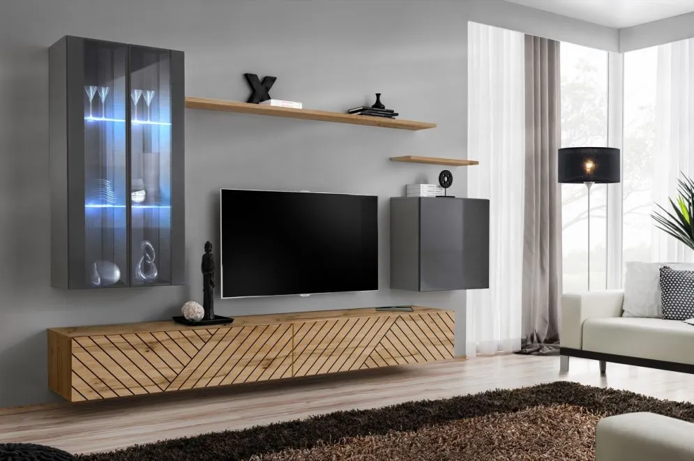 Meblościanka SWITCH LAMEL XII szara/dąb wotan z ryflowanymi fronatmi I sklep meblowy MIRAT. styl RYFLOWANY